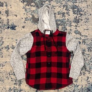 Hollister Red and Black Plaid Hoodie with Gray Sleeves